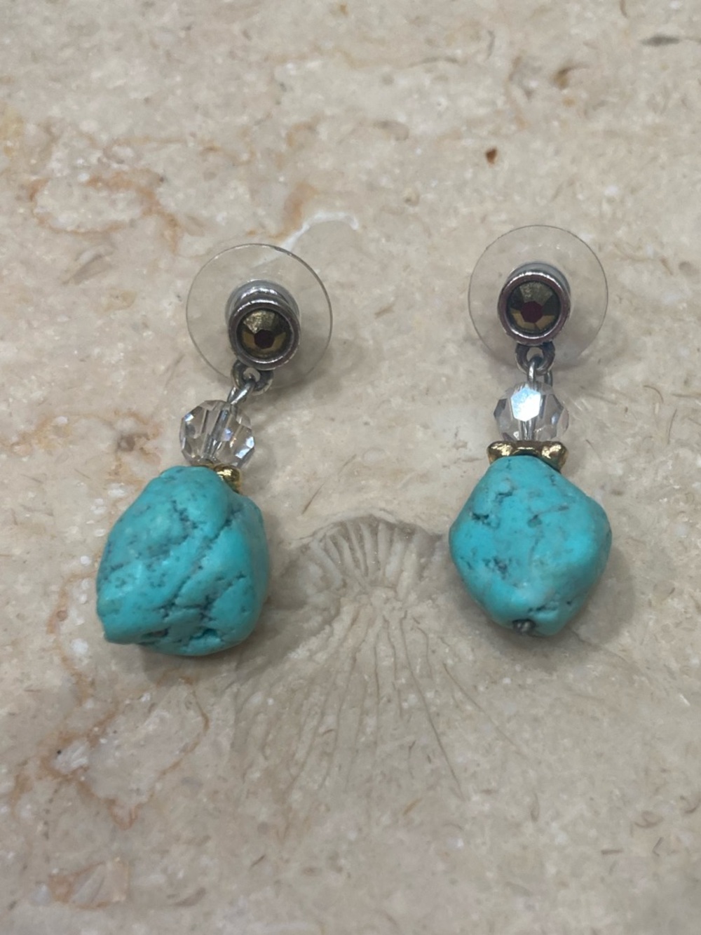 Vintage Turquoise Nugget Drop Earrings with Crystal accent and Sterling Silver - Picture 2 of 10